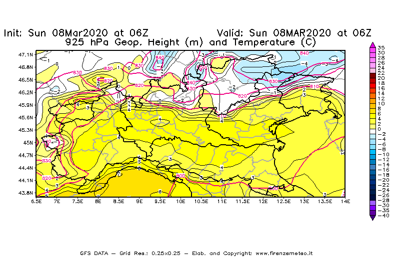 Mappa di analisi GFS - Geopotenziale [m] e Temperatura [°C] a 925 hPa in Nord-Italia
							del 08/03/2020 06 <!--googleoff: index-->UTC<!--googleon: index-->