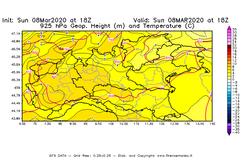 Mappa di analisi GFS - Geopotenziale [m] e Temperatura [°C] a 925 hPa in Nord-Italia
							del 08/03/2020 18 <!--googleoff: index-->UTC<!--googleon: index-->