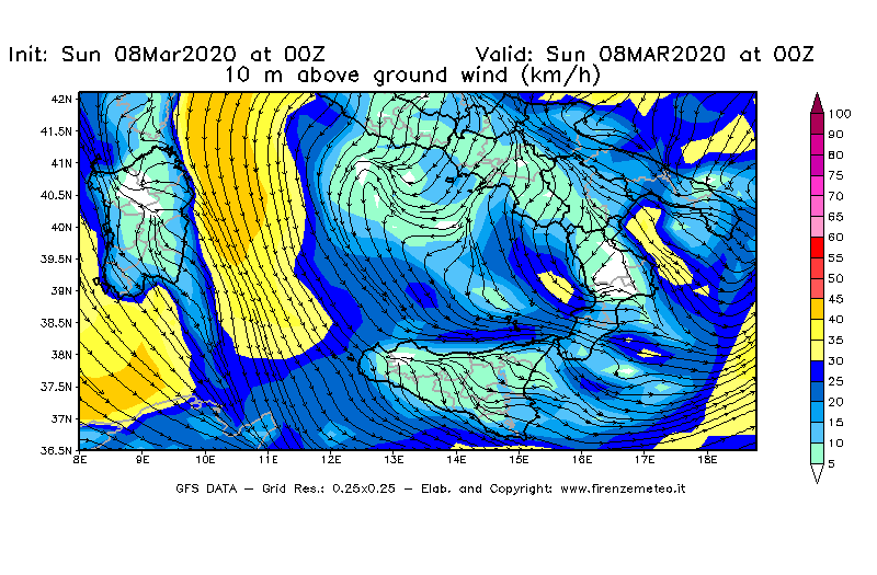 Mappa di analisi GFS - Velocità del vento a 10 metri dal suolo [km/h] in Sud-Italia
							del 08/03/2020 00 <!--googleoff: index-->UTC<!--googleon: index-->