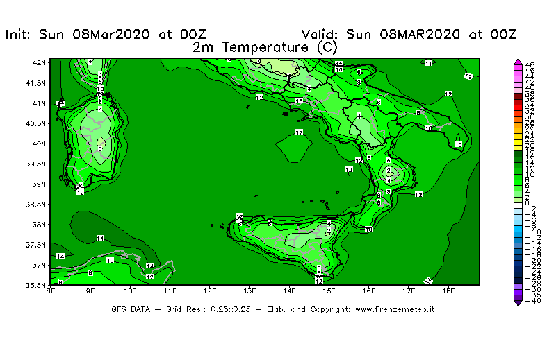 Mappa di analisi GFS - Temperatura a 2 metri dal suolo [°C] in Sud-Italia
							del 08/03/2020 00 <!--googleoff: index-->UTC<!--googleon: index-->