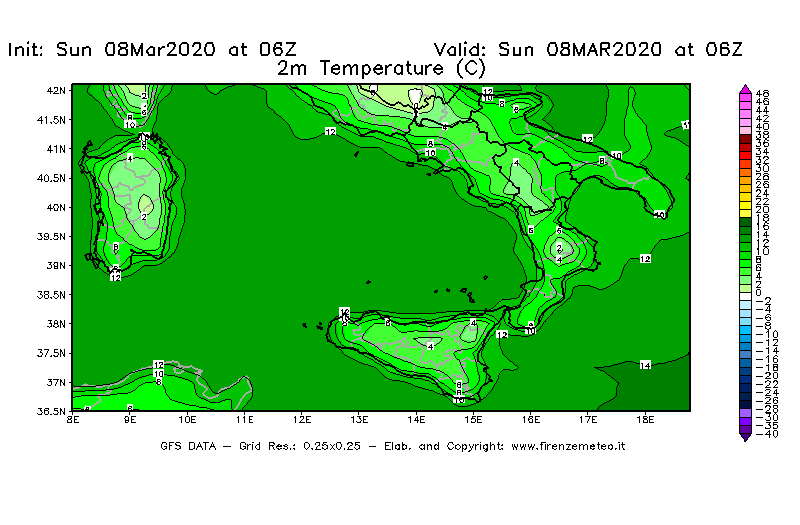 Mappa di analisi GFS - Temperatura a 2 metri dal suolo [°C] in Sud-Italia
							del 08/03/2020 06 <!--googleoff: index-->UTC<!--googleon: index-->