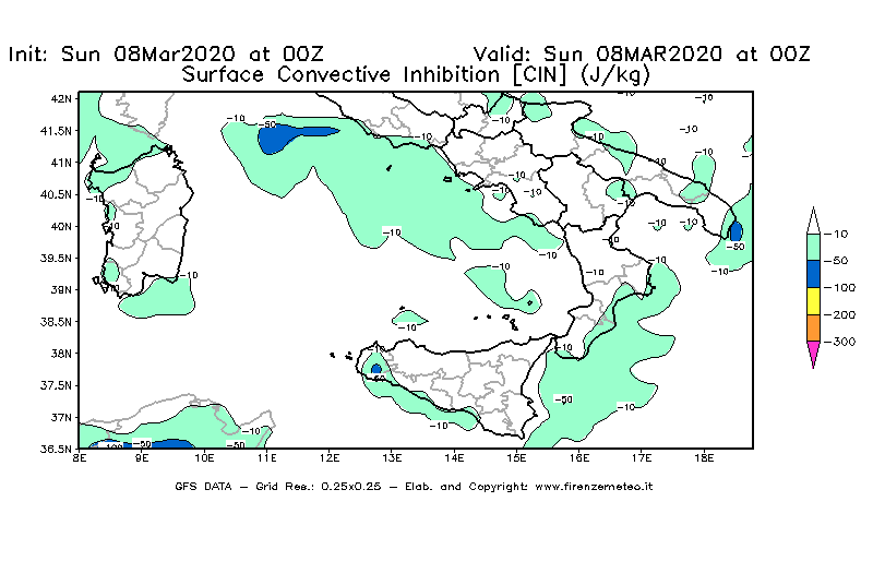 Mappa di analisi GFS - CIN [J/kg] in Sud-Italia
							del 08/03/2020 00 <!--googleoff: index-->UTC<!--googleon: index-->