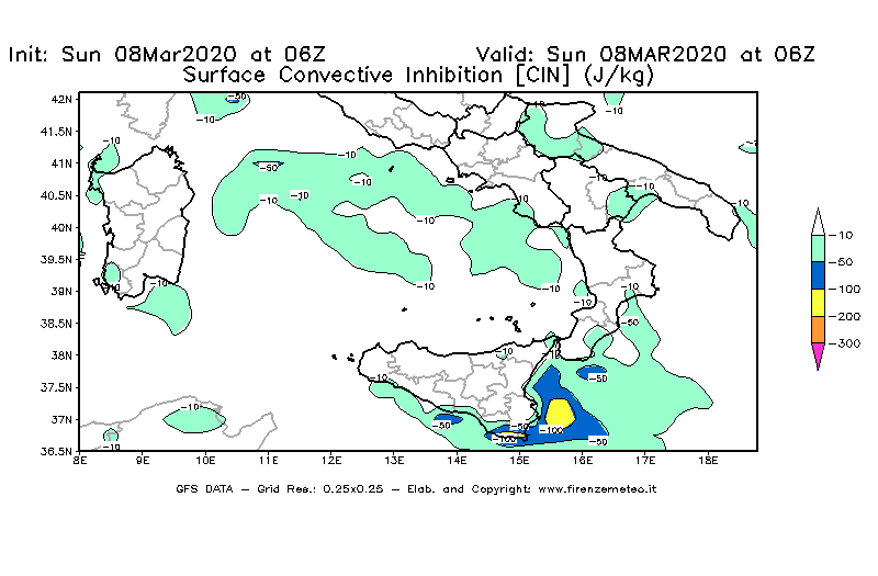 Mappa di analisi GFS - CIN [J/kg] in Sud-Italia
							del 08/03/2020 06 <!--googleoff: index-->UTC<!--googleon: index-->