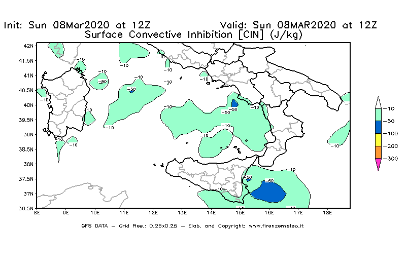 Mappa di analisi GFS - CIN [J/kg] in Sud-Italia
							del 08/03/2020 12 <!--googleoff: index-->UTC<!--googleon: index-->