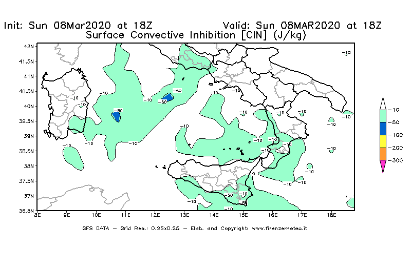 Mappa di analisi GFS - CIN [J/kg] in Sud-Italia
							del 08/03/2020 18 <!--googleoff: index-->UTC<!--googleon: index-->
