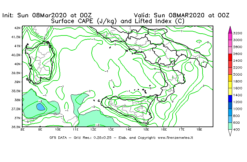 Mappa di analisi GFS - CAPE [J/kg] e Lifted Index [°C] in Sud-Italia
							del 08/03/2020 00 <!--googleoff: index-->UTC<!--googleon: index-->