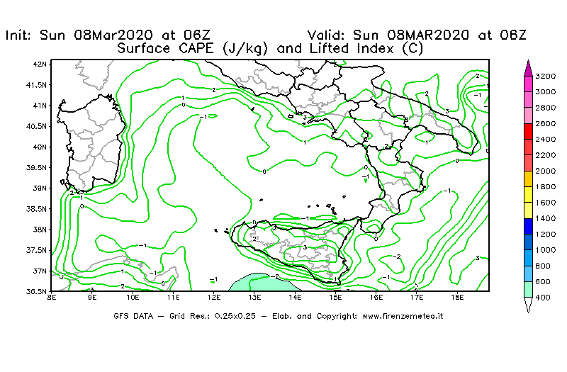 Mappa di analisi GFS - CAPE [J/kg] e Lifted Index [°C] in Sud-Italia
							del 08/03/2020 06 <!--googleoff: index-->UTC<!--googleon: index-->