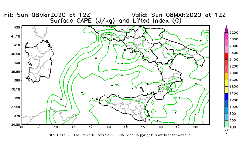 Mappa di analisi GFS - CAPE [J/kg] e Lifted Index [°C] in Sud-Italia
							del 08/03/2020 12 <!--googleoff: index-->UTC<!--googleon: index-->
