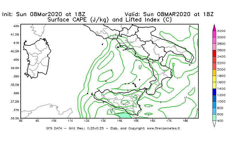 Mappa di analisi GFS - CAPE [J/kg] e Lifted Index [°C] in Sud-Italia
							del 08/03/2020 18 <!--googleoff: index-->UTC<!--googleon: index-->