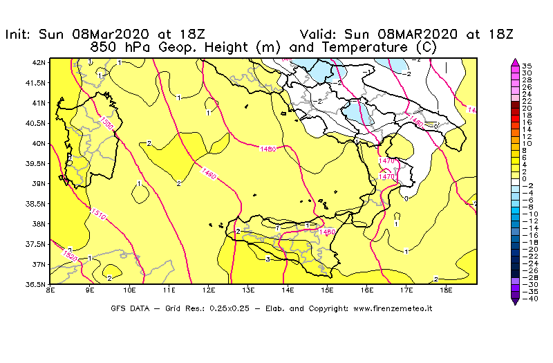 Mappa di analisi GFS - Geopotenziale [m] e Temperatura [°C] a 850 hPa in Sud-Italia
							del 08/03/2020 18 <!--googleoff: index-->UTC<!--googleon: index-->