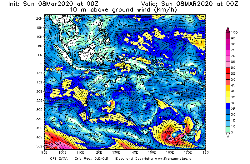 Mappa di analisi GFS - Velocità del vento a 10 metri dal suolo [km/h] in Oceania
							del 08/03/2020 00 <!--googleoff: index-->UTC<!--googleon: index-->