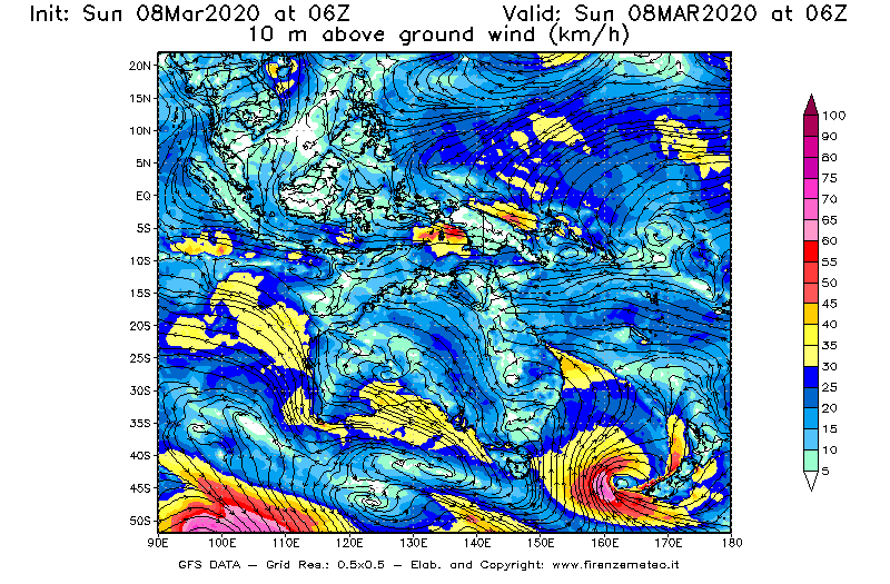 Mappa di analisi GFS - Velocità del vento a 10 metri dal suolo [km/h] in Oceania
							del 08/03/2020 06 <!--googleoff: index-->UTC<!--googleon: index-->