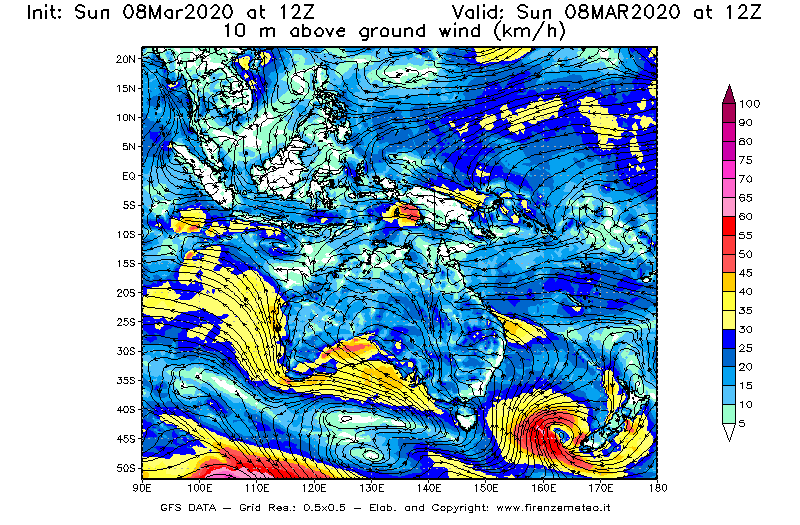 Mappa di analisi GFS - Velocità del vento a 10 metri dal suolo [km/h] in Oceania
							del 08/03/2020 12 <!--googleoff: index-->UTC<!--googleon: index-->