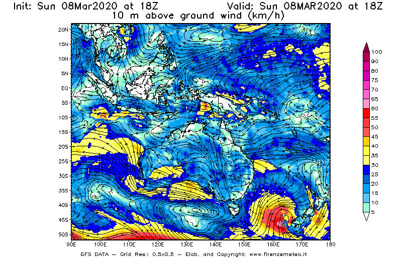 Mappa di analisi GFS - Velocità del vento a 10 metri dal suolo [km/h] in Oceania
							del 08/03/2020 18 <!--googleoff: index-->UTC<!--googleon: index-->