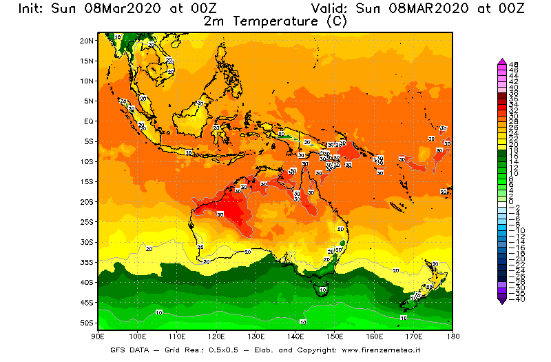 Mappa di analisi GFS - Temperatura a 2 metri dal suolo [°C] in Oceania
							del 08/03/2020 00 <!--googleoff: index-->UTC<!--googleon: index-->