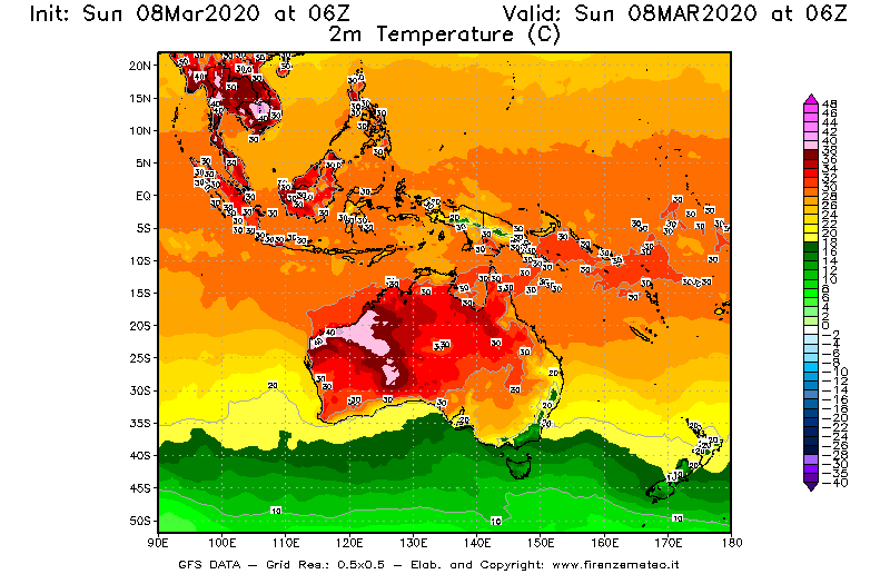 Mappa di analisi GFS - Temperatura a 2 metri dal suolo [°C] in Oceania
							del 08/03/2020 06 <!--googleoff: index-->UTC<!--googleon: index-->