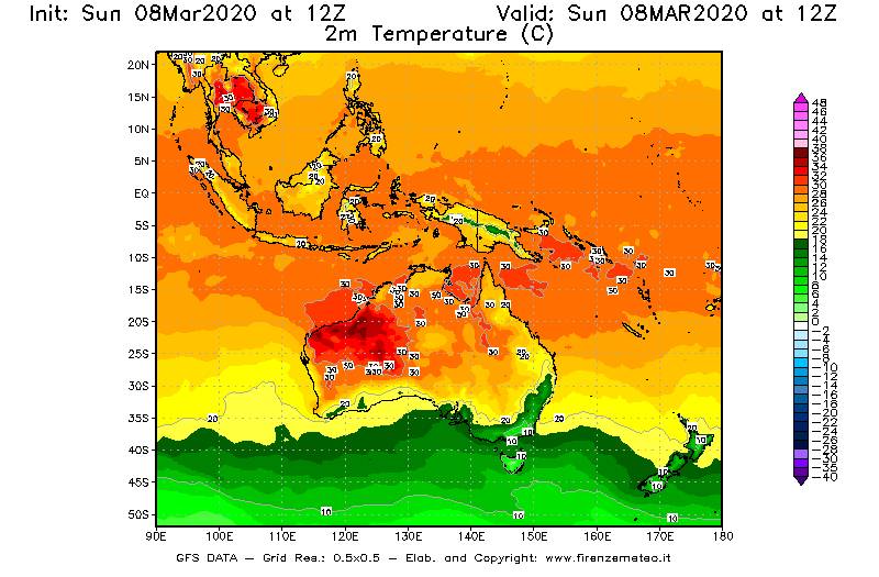 Mappa di analisi GFS - Temperatura a 2 metri dal suolo [°C] in Oceania
							del 08/03/2020 12 <!--googleoff: index-->UTC<!--googleon: index-->