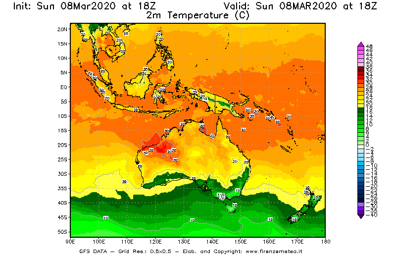 Mappa di analisi GFS - Temperatura a 2 metri dal suolo [°C] in Oceania
							del 08/03/2020 18 <!--googleoff: index-->UTC<!--googleon: index-->