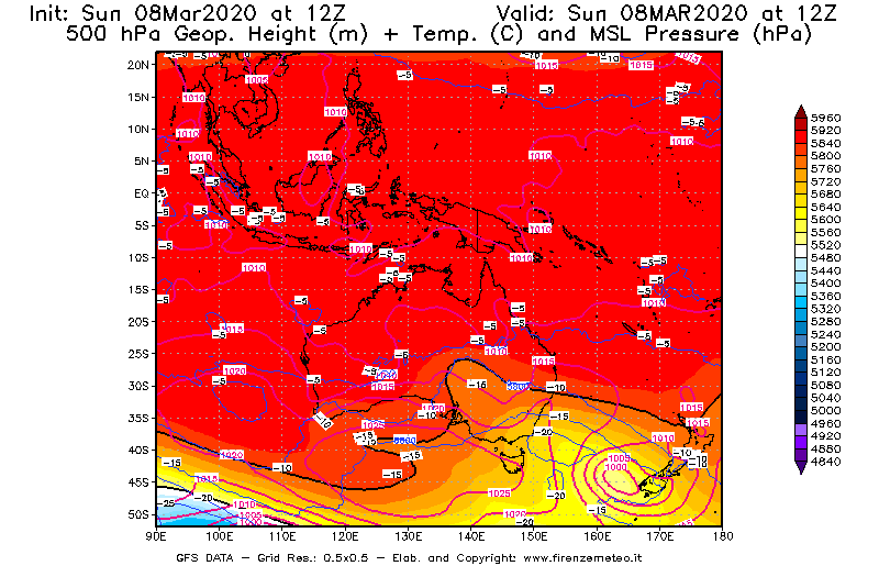 Mappa di analisi GFS - Geopotenziale [m] + Temp. [°C] a 500 hPa + Press. a livello del mare [hPa] in Oceania
							del 08/03/2020 12 <!--googleoff: index-->UTC<!--googleon: index-->