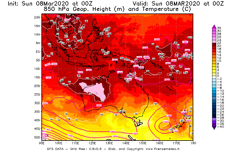 Mappa di analisi GFS - Geopotenziale [m] e Temperatura [°C] a 850 hPa in Oceania
							del 08/03/2020 00 <!--googleoff: index-->UTC<!--googleon: index-->