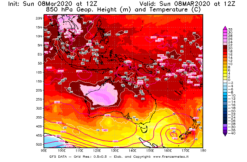 Mappa di analisi GFS - Geopotenziale [m] e Temperatura [°C] a 850 hPa in Oceania
							del 08/03/2020 12 <!--googleoff: index-->UTC<!--googleon: index-->