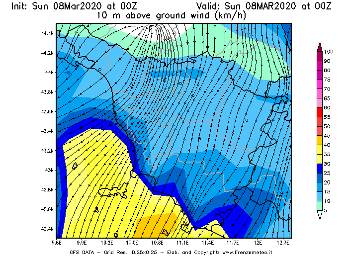 Mappa di analisi GFS - Velocità del vento a 10 metri dal suolo [km/h] in Toscana
							del 08/03/2020 00 <!--googleoff: index-->UTC<!--googleon: index-->