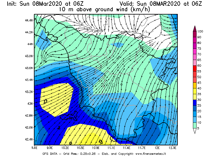 Mappa di analisi GFS - Velocità del vento a 10 metri dal suolo [km/h] in Toscana
							del 08/03/2020 06 <!--googleoff: index-->UTC<!--googleon: index-->