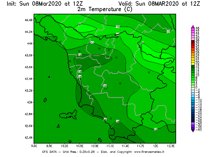 Mappa di analisi GFS - Temperatura a 2 metri dal suolo [°C] in Toscana
							del 08/03/2020 12 <!--googleoff: index-->UTC<!--googleon: index-->
