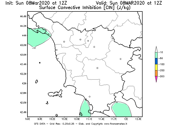 Mappa di analisi GFS - CIN [J/kg] in Toscana
							del 08/03/2020 12 <!--googleoff: index-->UTC<!--googleon: index-->
