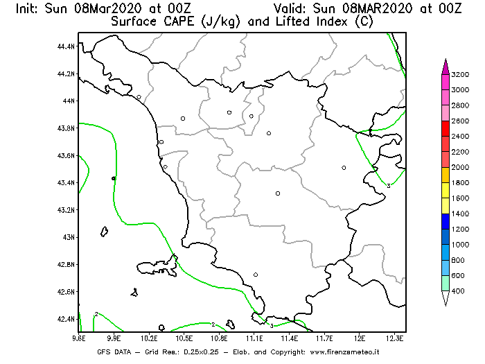 Mappa di analisi GFS - CAPE [J/kg] e Lifted Index [°C] in Toscana
							del 08/03/2020 00 <!--googleoff: index-->UTC<!--googleon: index-->