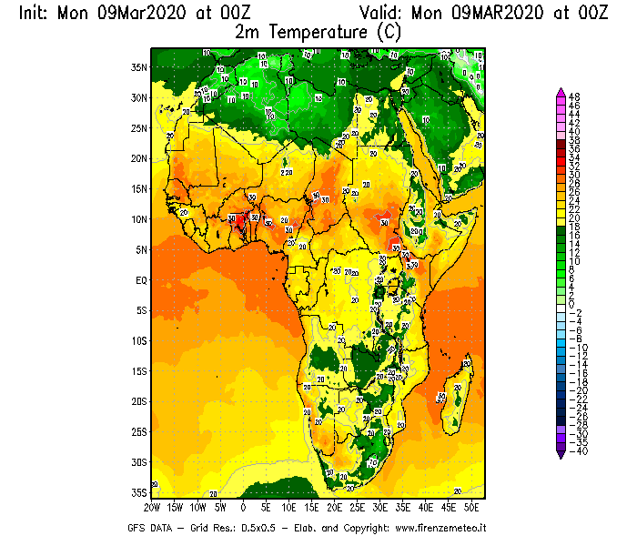 Mappa di analisi GFS - Temperatura a 2 metri dal suolo [°C] in Africa
							del 09/03/2020 00 <!--googleoff: index-->UTC<!--googleon: index-->