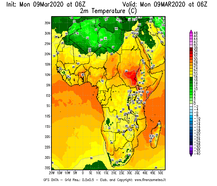 Mappa di analisi GFS - Temperatura a 2 metri dal suolo [°C] in Africa
							del 09/03/2020 06 <!--googleoff: index-->UTC<!--googleon: index-->