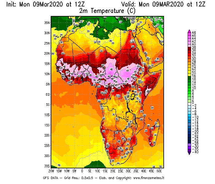 Mappa di analisi GFS - Temperatura a 2 metri dal suolo [°C] in Africa
							del 09/03/2020 12 <!--googleoff: index-->UTC<!--googleon: index-->