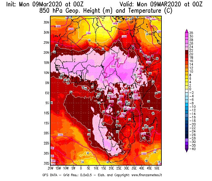 Mappa di analisi GFS - Geopotenziale [m] e Temperatura [°C] a 850 hPa in Africa
							del 09/03/2020 00 <!--googleoff: index-->UTC<!--googleon: index-->