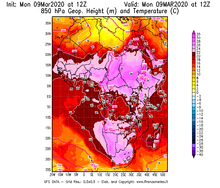 Mappa di analisi GFS - Geopotenziale [m] e Temperatura [°C] a 850 hPa in Africa
							del 09/03/2020 12 <!--googleoff: index-->UTC<!--googleon: index-->