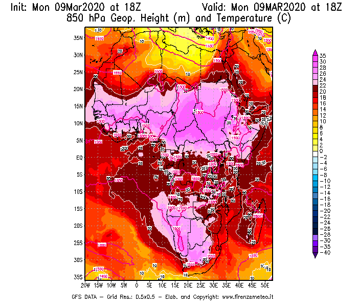 Mappa di analisi GFS - Geopotenziale [m] e Temperatura [°C] a 850 hPa in Africa
							del 09/03/2020 18 <!--googleoff: index-->UTC<!--googleon: index-->
