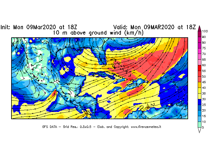 Mappa di analisi GFS - Velocità del vento a 10 metri dal suolo [km/h] in Centro-America
							del 09/03/2020 18 <!--googleoff: index-->UTC<!--googleon: index-->