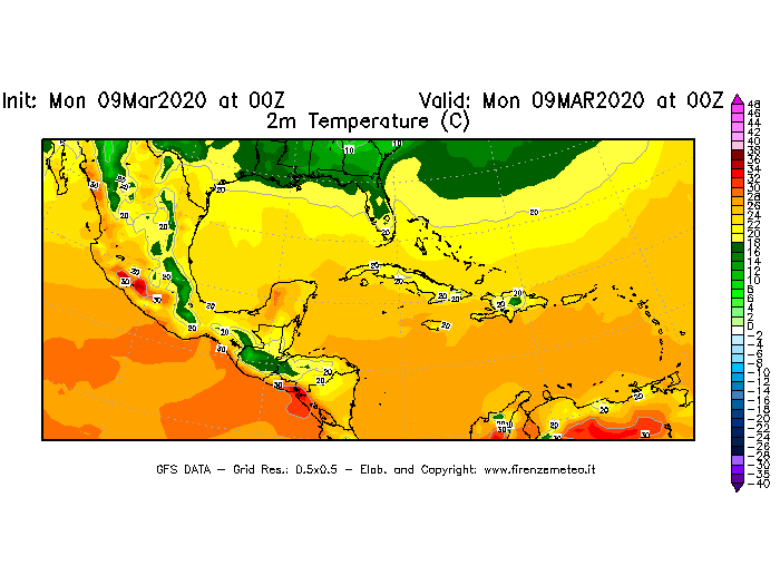 Mappa di analisi GFS - Temperatura a 2 metri dal suolo [°C] in Centro-America
							del 09/03/2020 00 <!--googleoff: index-->UTC<!--googleon: index-->