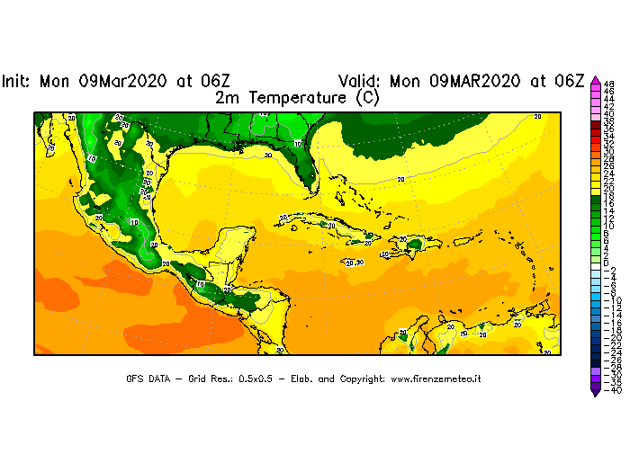 Mappa di analisi GFS - Temperatura a 2 metri dal suolo [°C] in Centro-America
							del 09/03/2020 06 <!--googleoff: index-->UTC<!--googleon: index-->