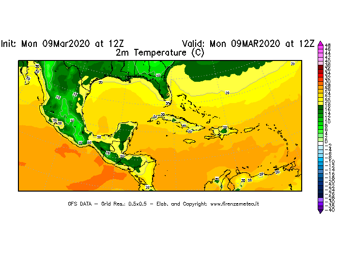 Mappa di analisi GFS - Temperatura a 2 metri dal suolo [°C] in Centro-America
							del 09/03/2020 12 <!--googleoff: index-->UTC<!--googleon: index-->