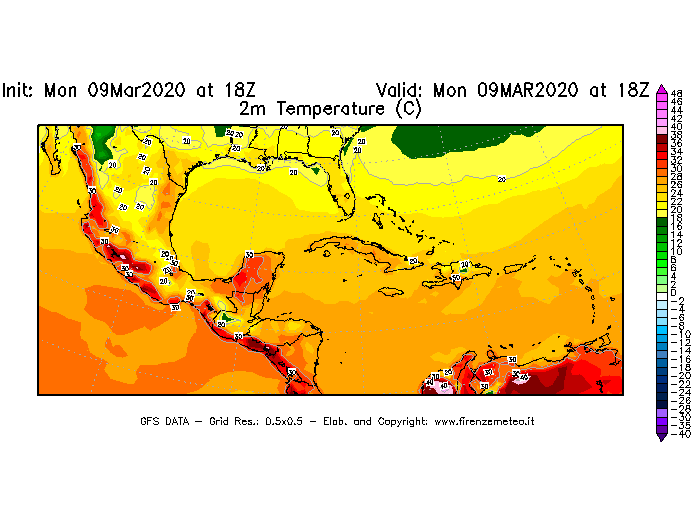 Mappa di analisi GFS - Temperatura a 2 metri dal suolo [°C] in Centro-America
							del 09/03/2020 18 <!--googleoff: index-->UTC<!--googleon: index-->