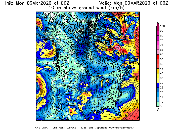 Mappa di analisi GFS - Velocità del vento a 10 metri dal suolo [km/h] in Nord-America
							del 09/03/2020 00 <!--googleoff: index-->UTC<!--googleon: index-->