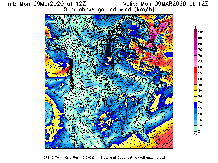 Mappa di analisi GFS - Velocità del vento a 10 metri dal suolo [km/h] in Nord-America
							del 09/03/2020 12 <!--googleoff: index-->UTC<!--googleon: index-->