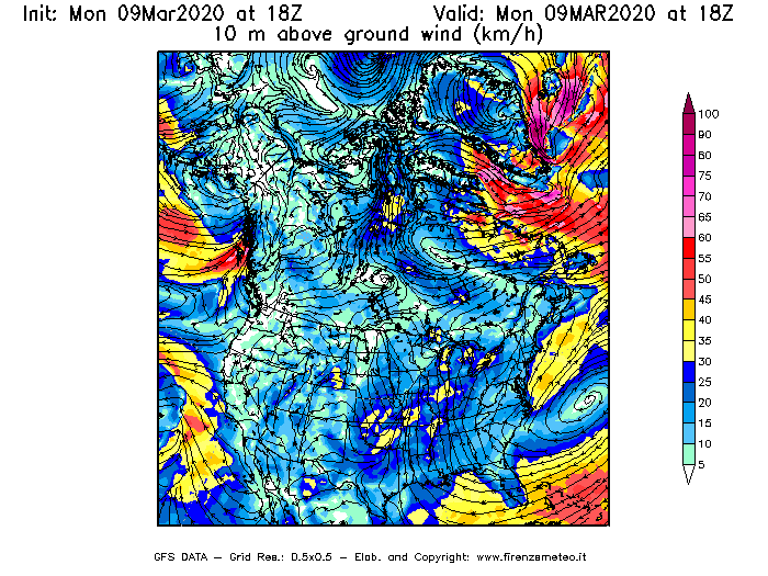 Mappa di analisi GFS - Velocità del vento a 10 metri dal suolo [km/h] in Nord-America
							del 09/03/2020 18 <!--googleoff: index-->UTC<!--googleon: index-->