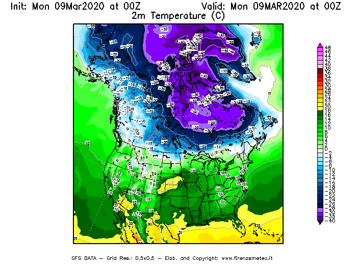 Mappa di analisi GFS - Temperatura a 2 metri dal suolo [°C] in Nord-America
							del 09/03/2020 00 <!--googleoff: index-->UTC<!--googleon: index-->