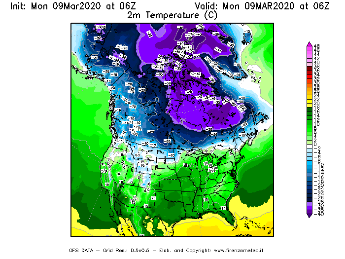 Mappa di analisi GFS - Temperatura a 2 metri dal suolo [°C] in Nord-America
							del 09/03/2020 06 <!--googleoff: index-->UTC<!--googleon: index-->