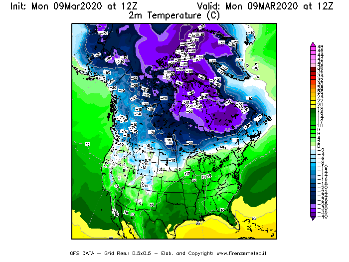 Mappa di analisi GFS - Temperatura a 2 metri dal suolo [°C] in Nord-America
							del 09/03/2020 12 <!--googleoff: index-->UTC<!--googleon: index-->