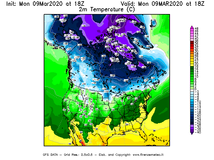 Mappa di analisi GFS - Temperatura a 2 metri dal suolo [°C] in Nord-America
							del 09/03/2020 18 <!--googleoff: index-->UTC<!--googleon: index-->
