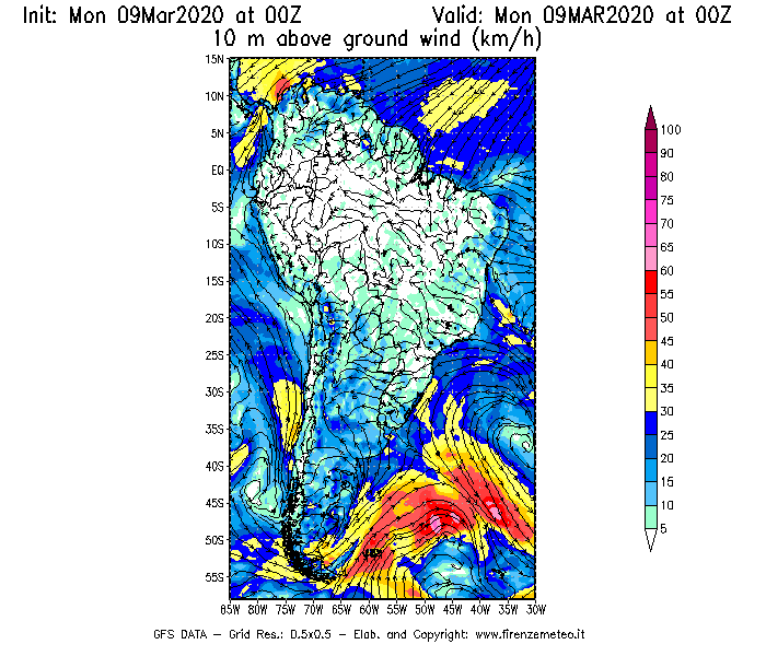 Mappa di analisi GFS - Velocità del vento a 10 metri dal suolo [km/h] in Sud-America
							del 09/03/2020 00 <!--googleoff: index-->UTC<!--googleon: index-->