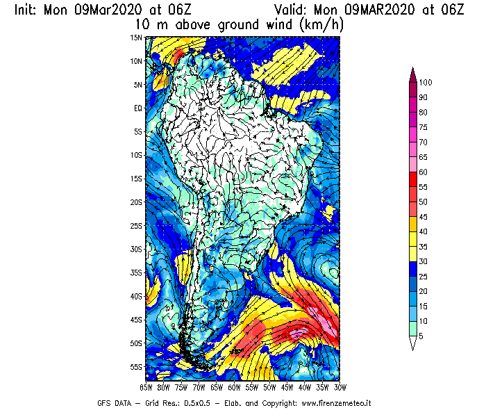 Mappa di analisi GFS - Velocità del vento a 10 metri dal suolo [km/h] in Sud-America
							del 09/03/2020 06 <!--googleoff: index-->UTC<!--googleon: index-->